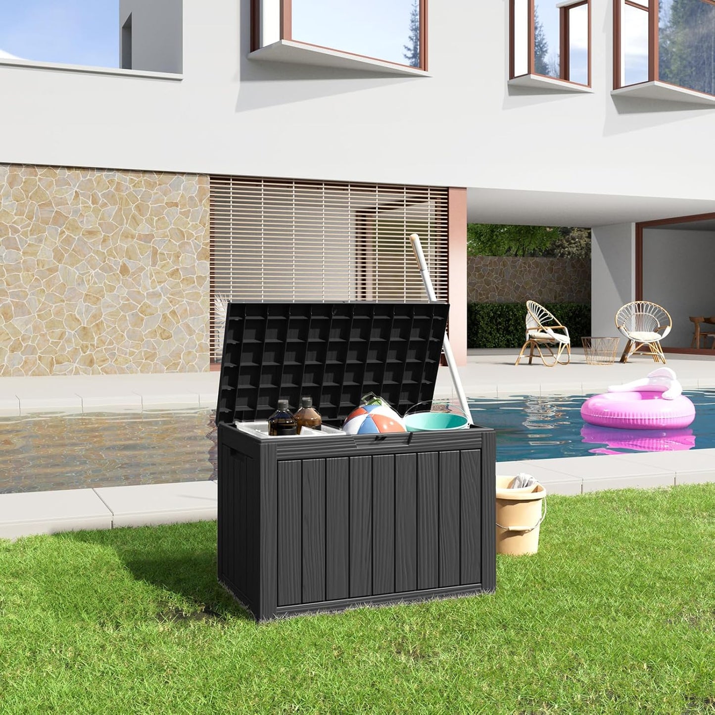 100 Gallon Resin Deck Box Lockable Waterproof Outdoor Storage Black