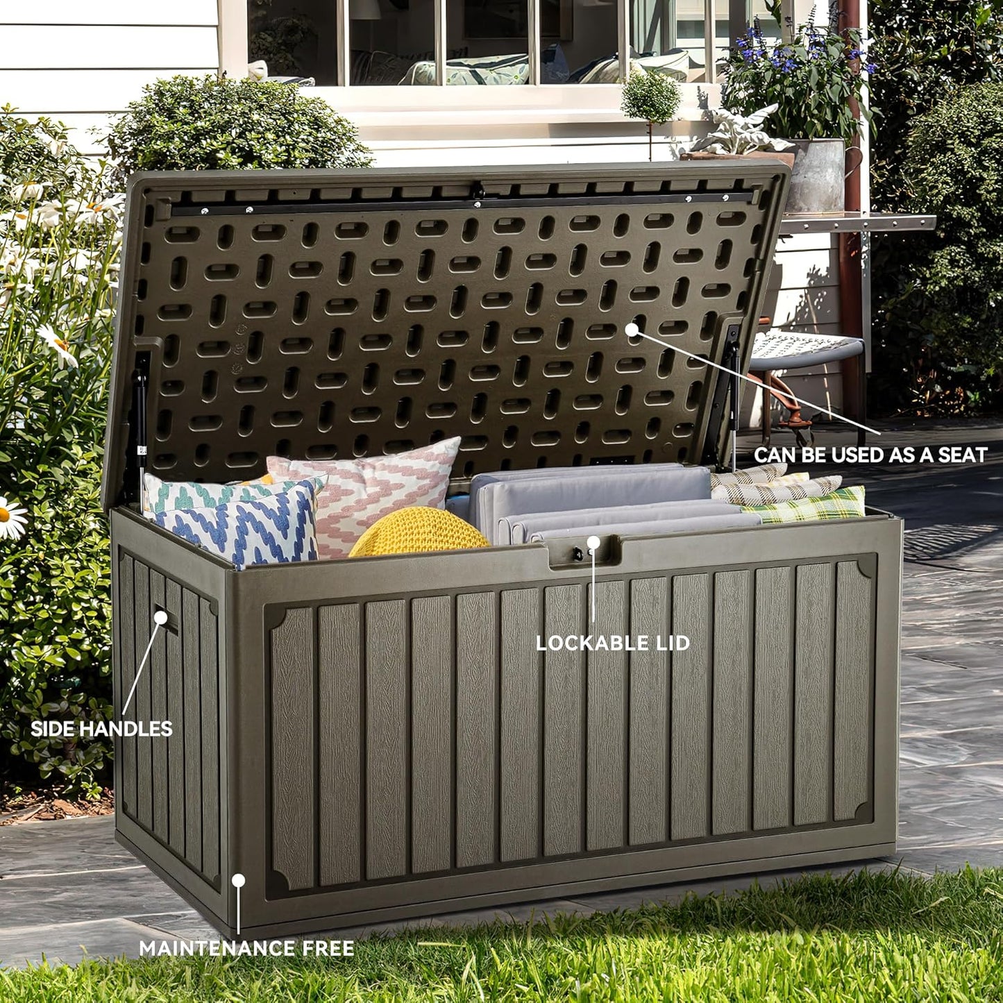 100 Gallon Resin Deck Box Weather Resistant Lockable Outdoor Storage Taupe
