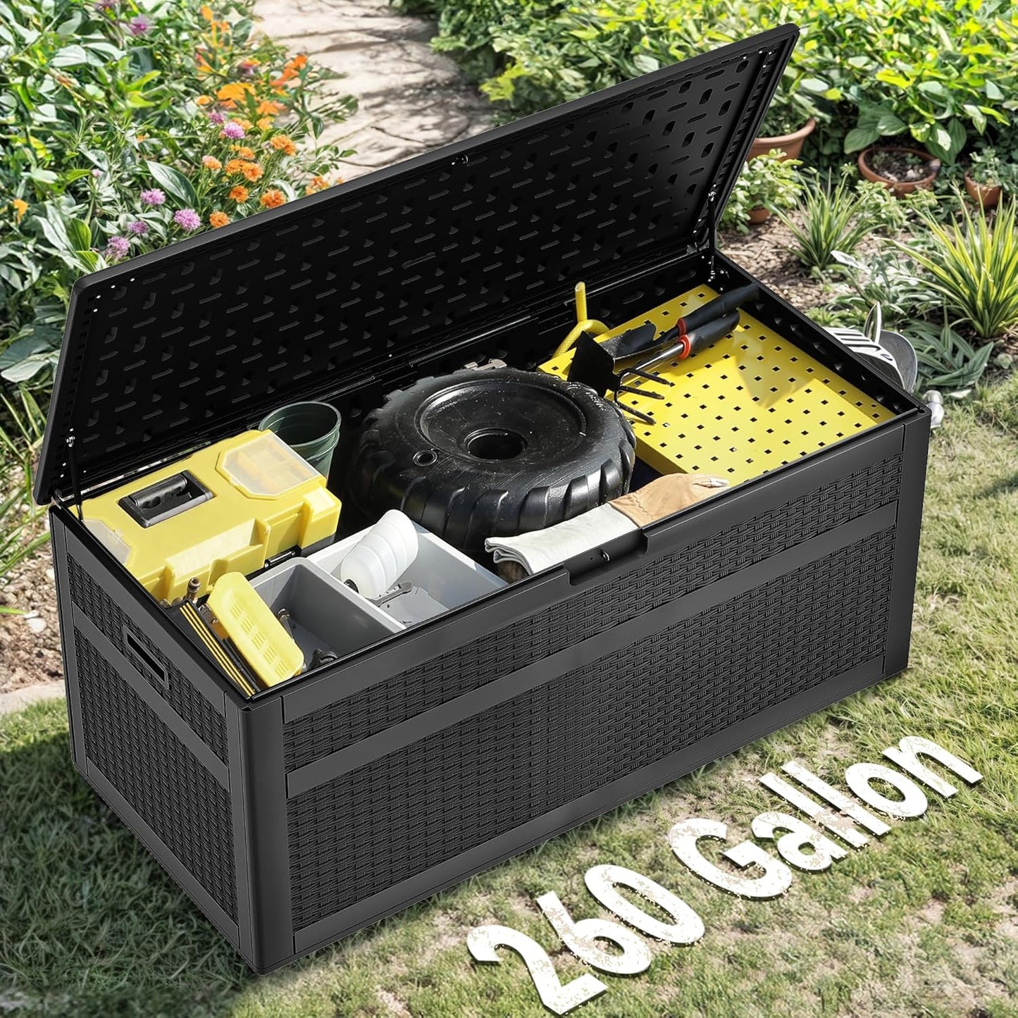 260 Gallon XXL Deck Box Outdoor Resin Lockable Water Resistant Storage Brown