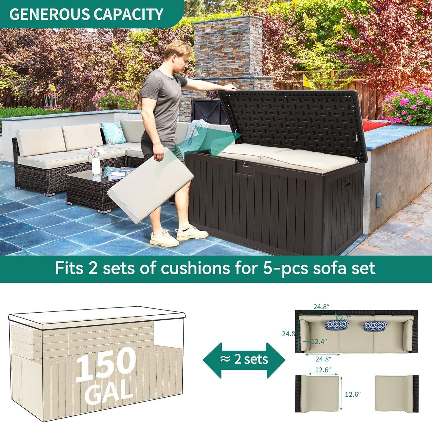 100 Gallon Resin Deck Box Weather Resistant Lockable Outdoor Storage Taupe