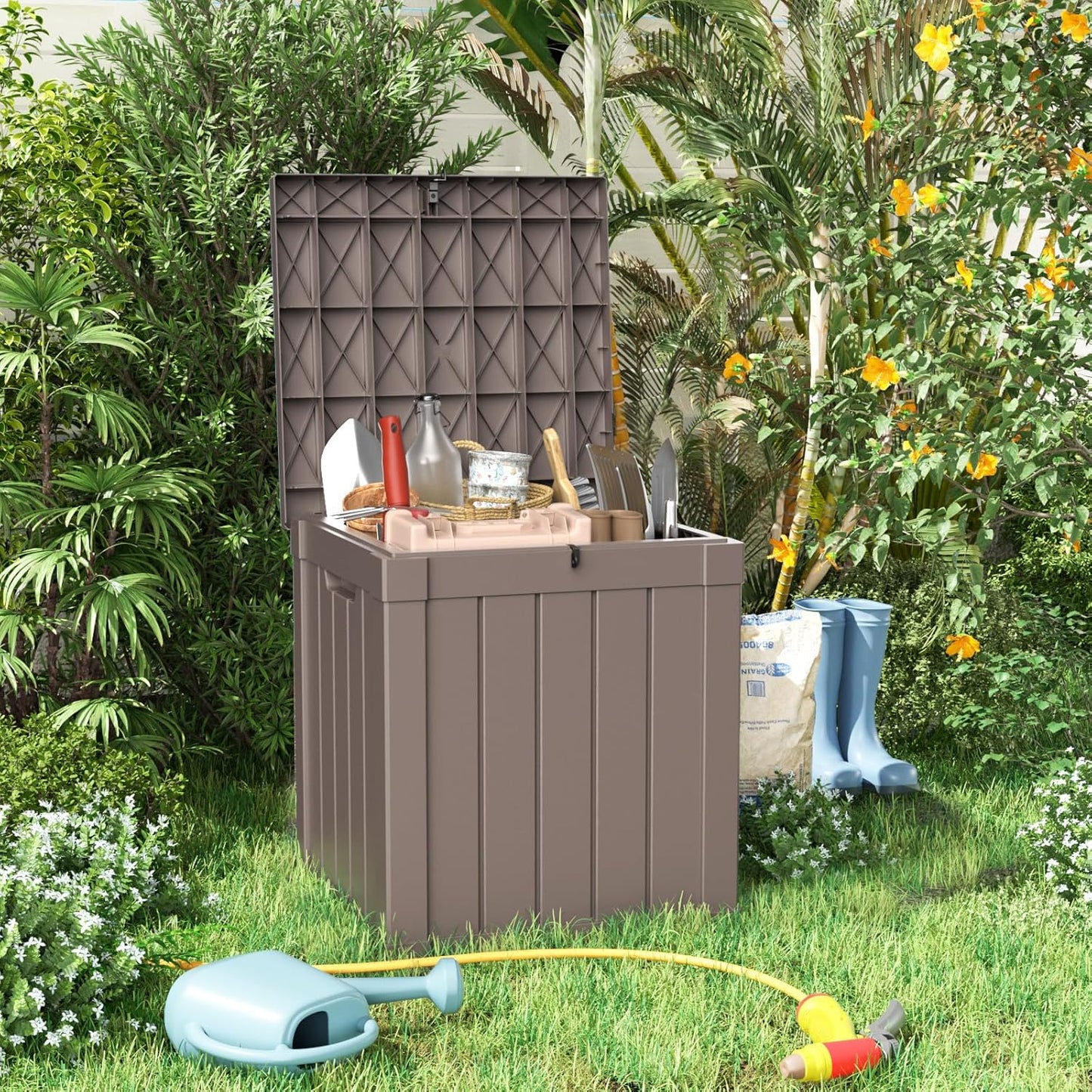 100 Gallon Resin Deck Box Lockable Waterproof Outdoor Storage Black