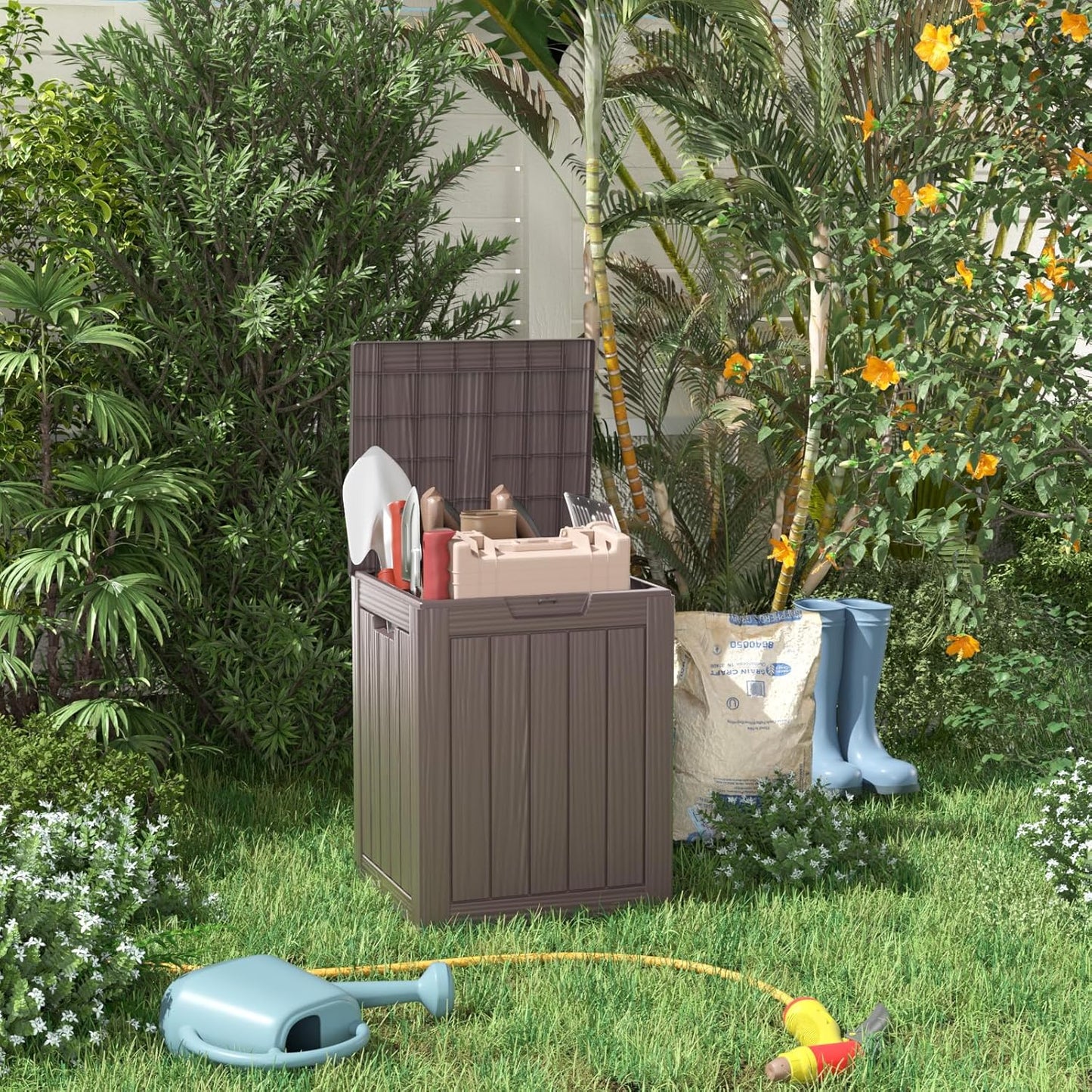 100 Gallon Resin Deck Box Lockable Waterproof Outdoor Storage Black
