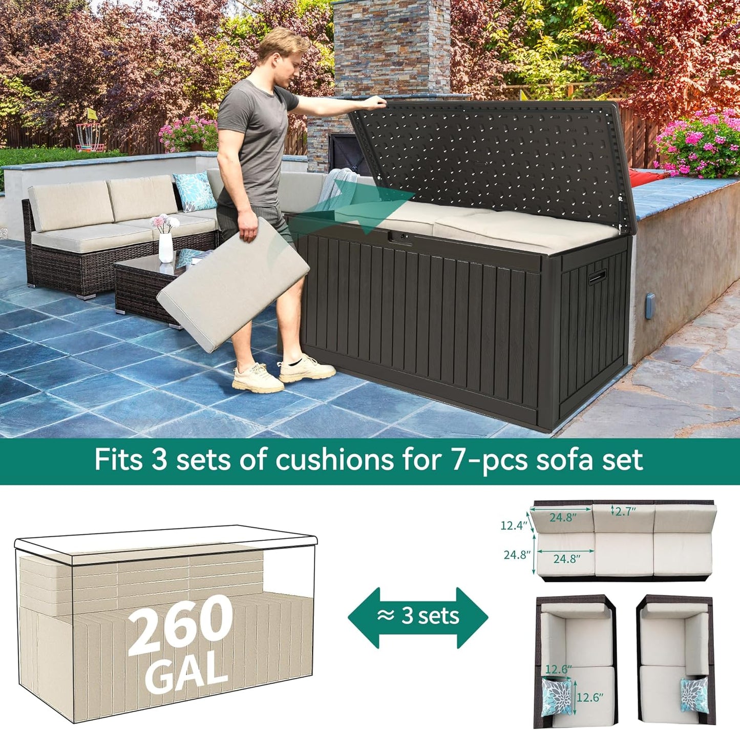 260 Gallon XXL Deck Box Outdoor Resin Lockable Water Resistant Storage Brown