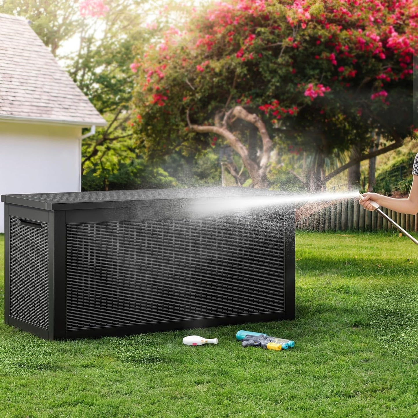 100 Gallon Resin Deck Box Weather Resistant Lockable Outdoor Storage Taupe