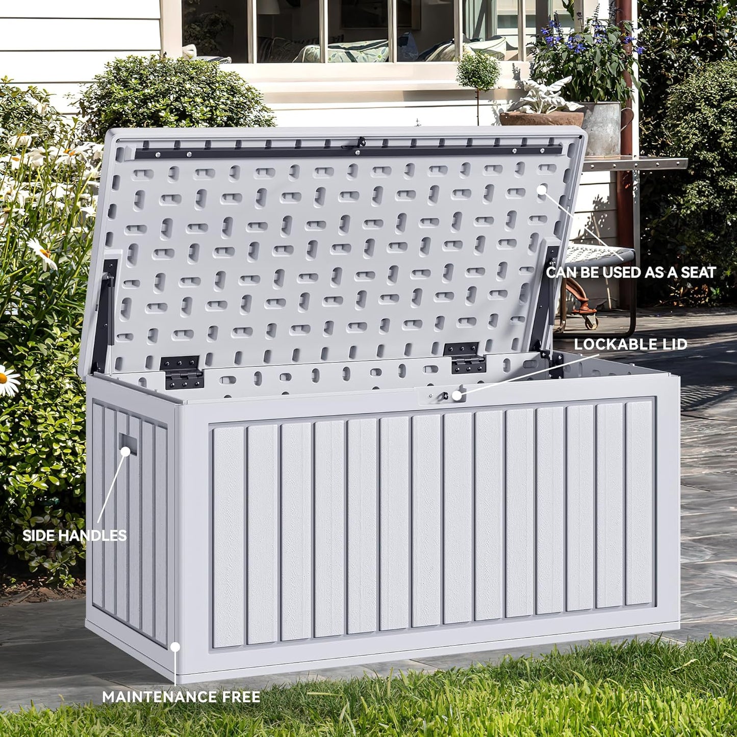 100 Gallon Resin Deck Box Weather Resistant Lockable Outdoor Storage Taupe