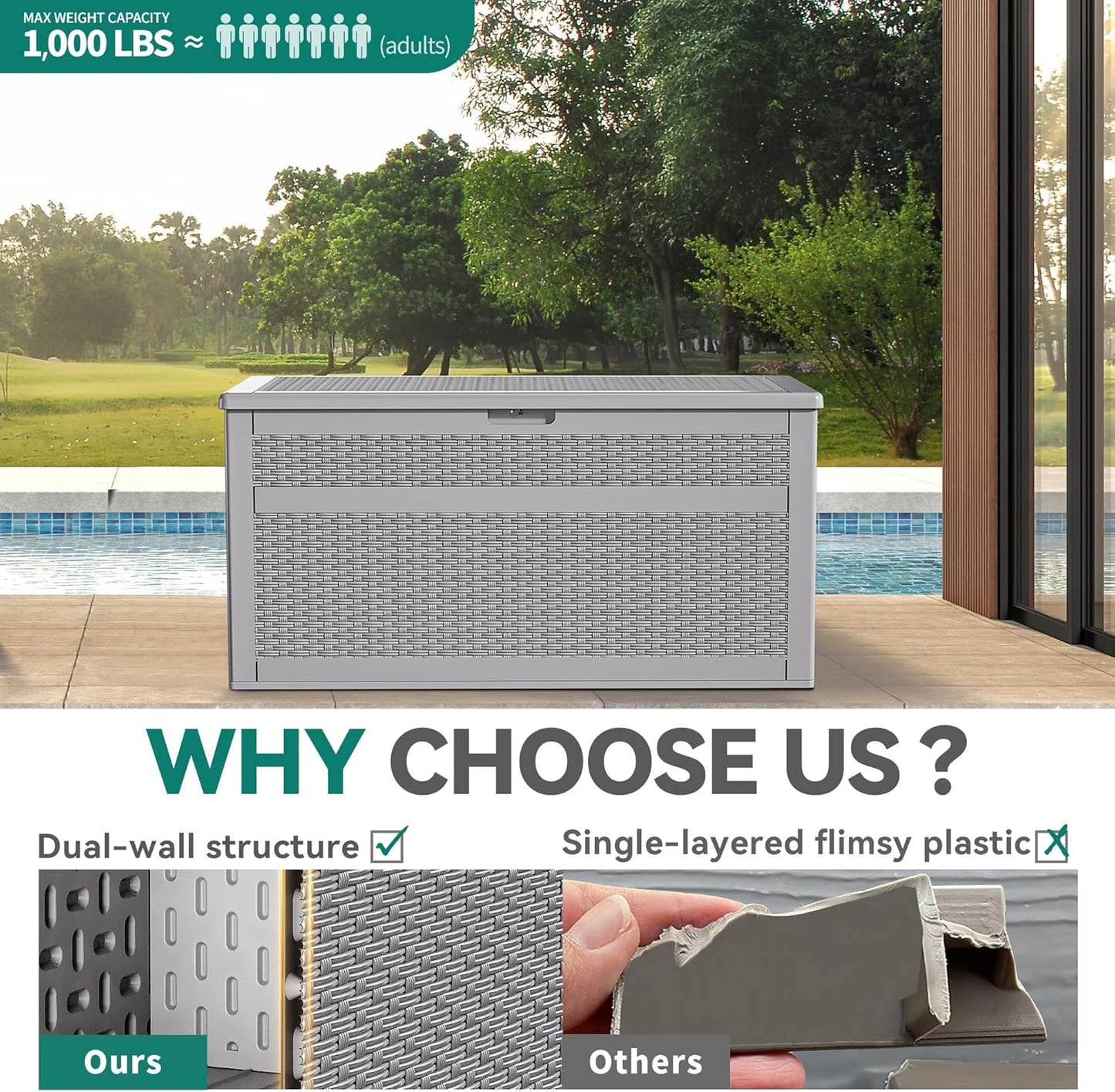 100 Gallon Resin Deck Box Weather Resistant Lockable Outdoor Storage Taupe