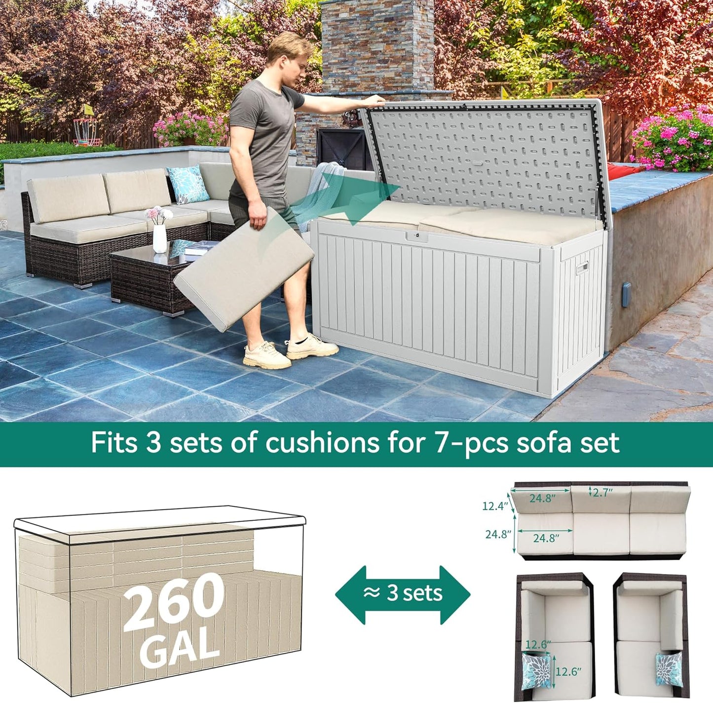 260 Gallon XXL Deck Box Outdoor Resin Lockable Water Resistant Storage Brown