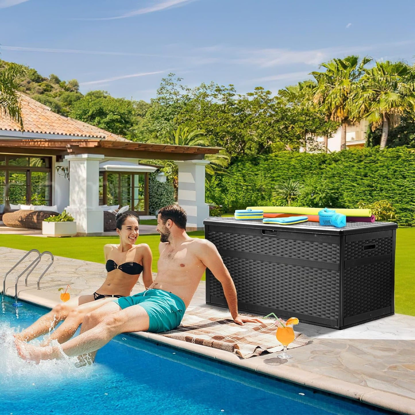 100 Gallon Resin Deck Box Weather Resistant Lockable Outdoor Storage Taupe