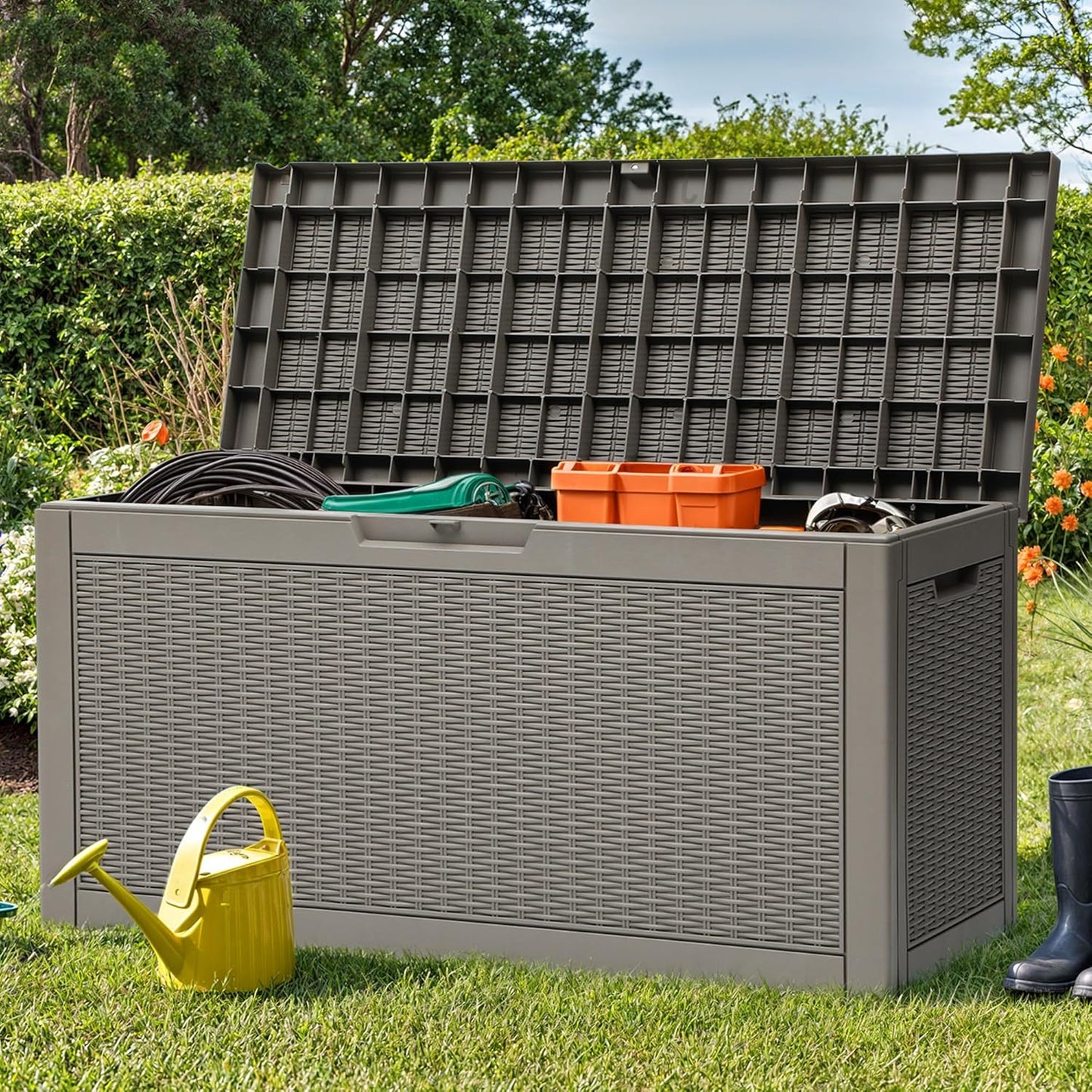260 Gallon XXL Deck Box Outdoor Resin Lockable Water Resistant Storage Brown
