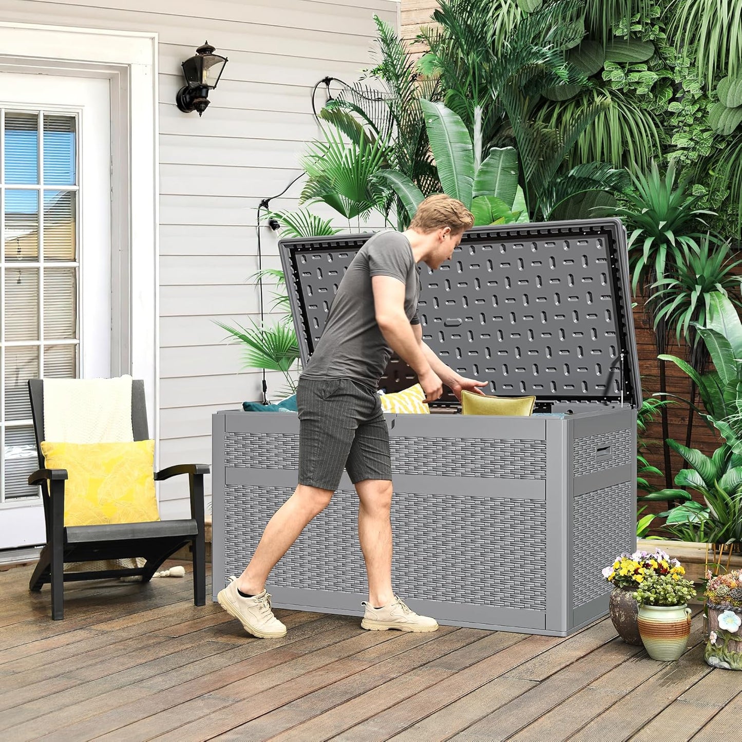 100 Gallon Resin Deck Box Weather Resistant Lockable Outdoor Storage Taupe