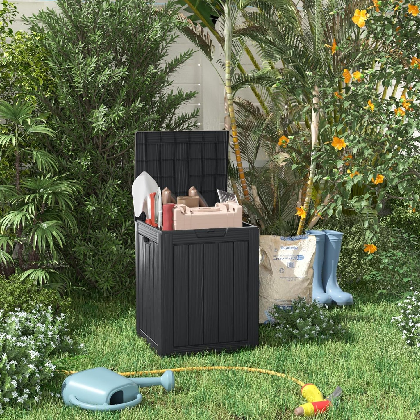 100 Gallon Resin Deck Box Lockable Waterproof Outdoor Storage Black
