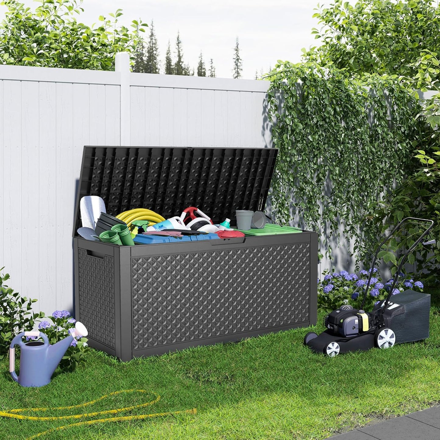 100 Gallon Resin Deck Box Lockable Waterproof Outdoor Storage Black