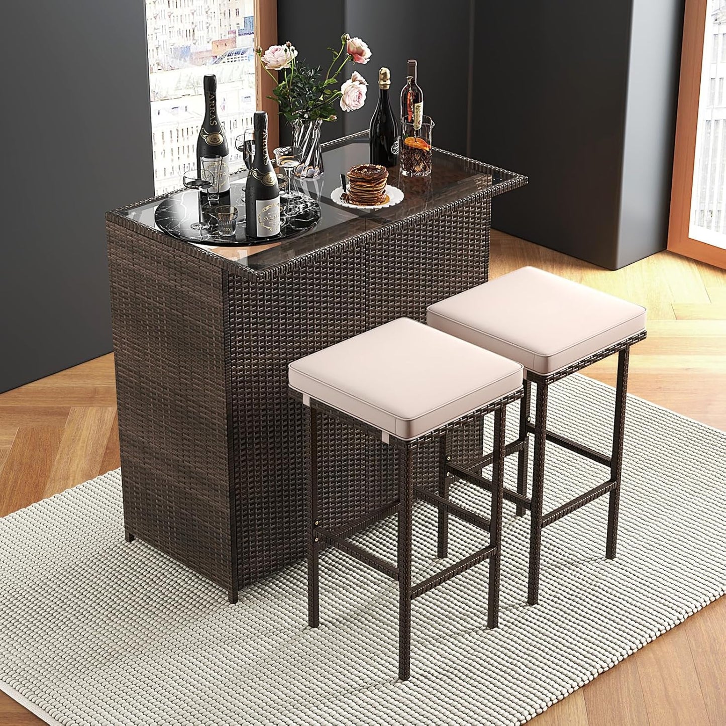 3 Piece Outdoor Rattan Bar Set with Glass Table Stools and Removable Cushions