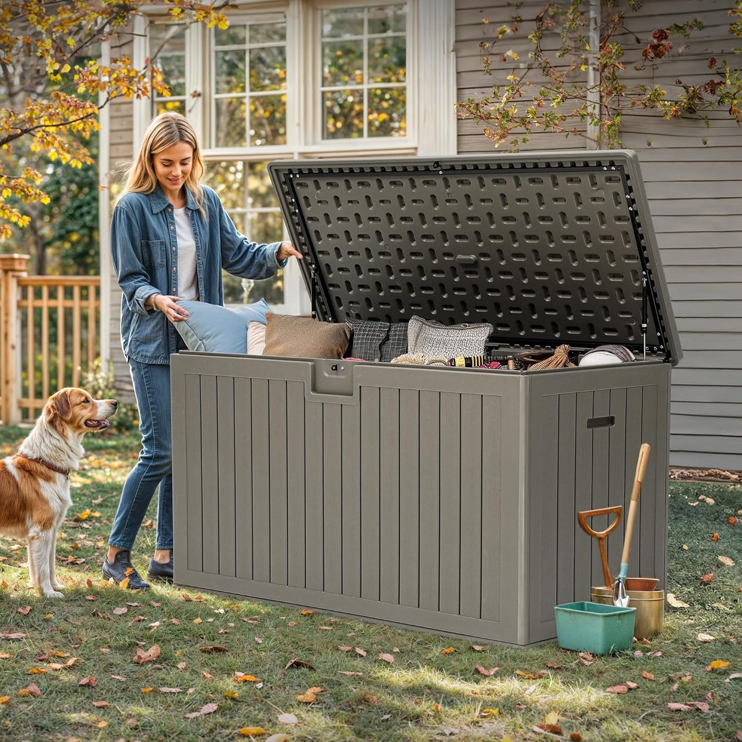 260 Gallon XXL Deck Box Outdoor Resin Lockable Water Resistant Storage Brown