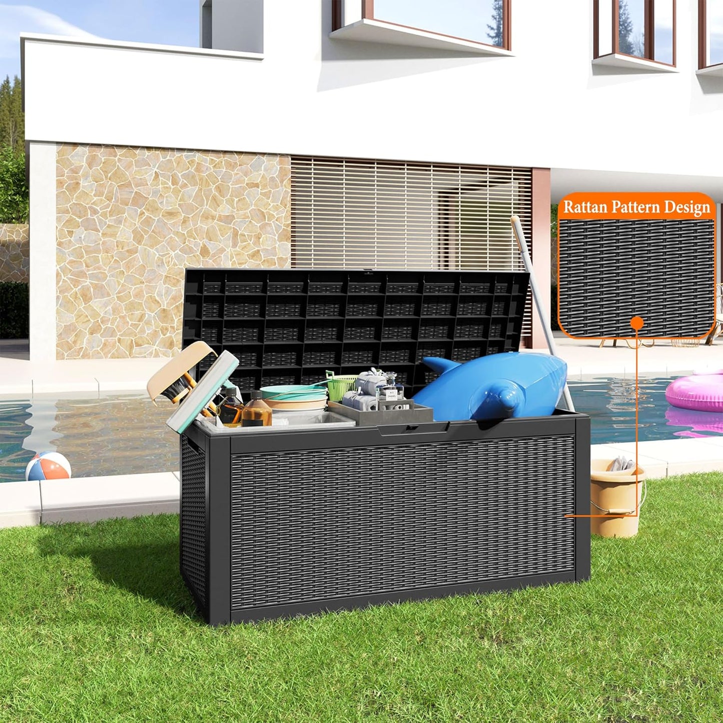 100 Gallon Resin Deck Box Lockable Waterproof Outdoor Storage Black