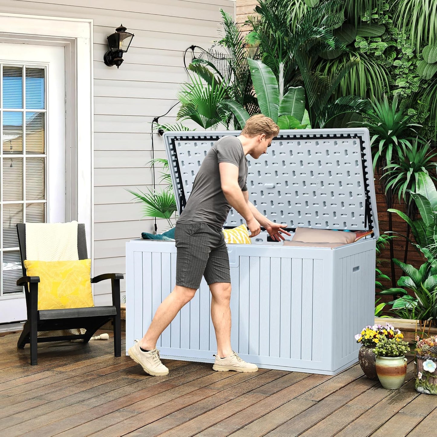 100 Gallon Resin Deck Box Weather Resistant Lockable Outdoor Storage Taupe