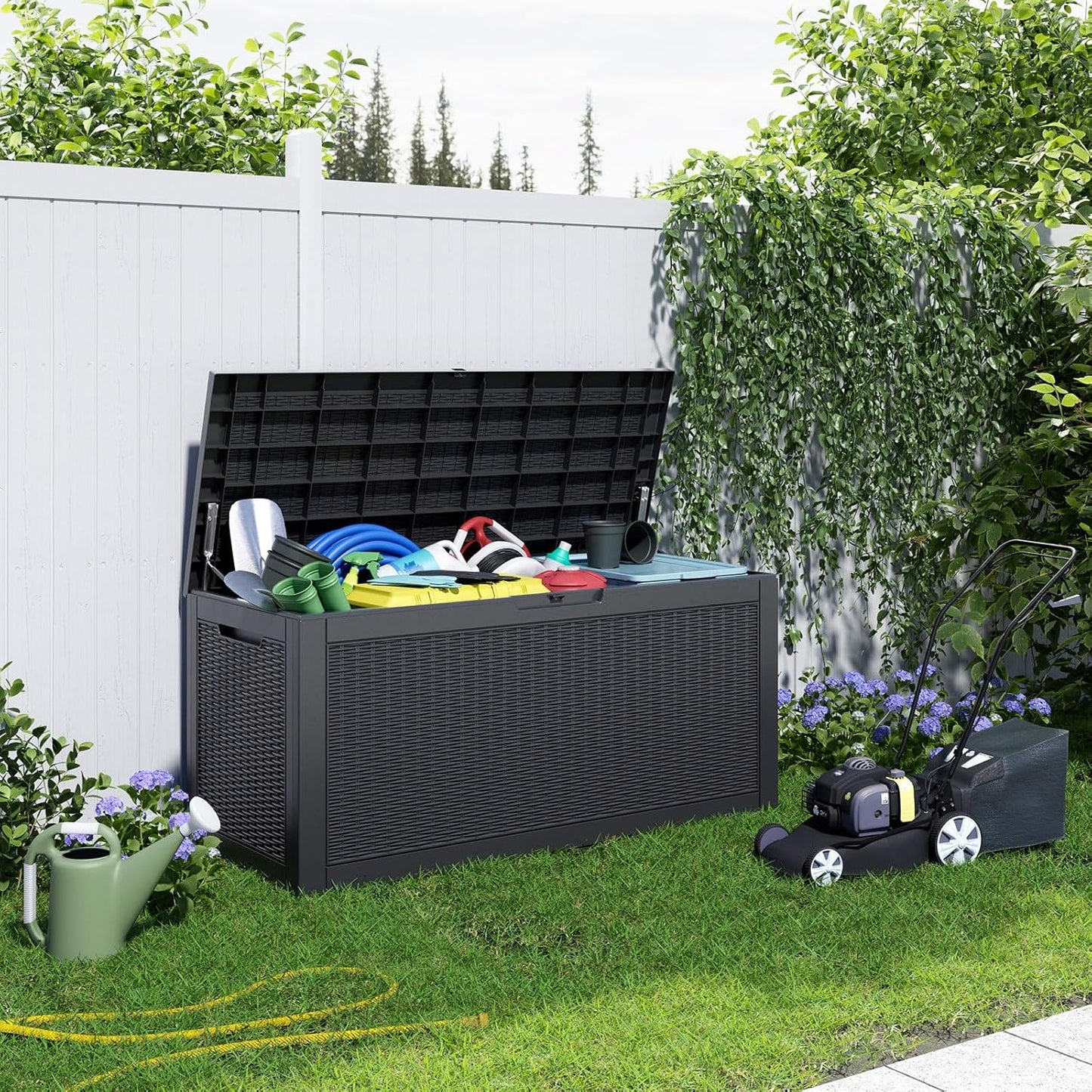 100 Gallon Resin Deck Box Lockable Waterproof Outdoor Storage Black