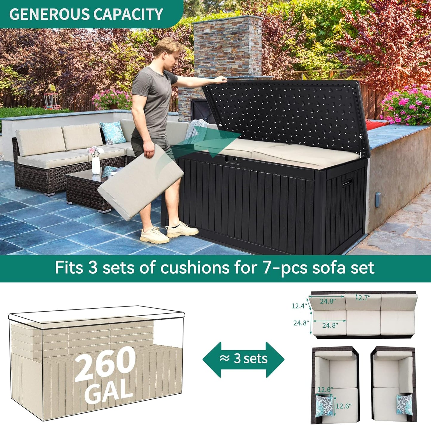 260 Gallon XXL Deck Box Outdoor Resin Lockable Water Resistant Storage Brown