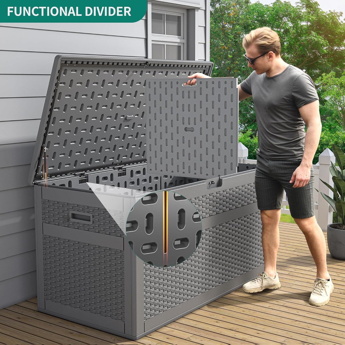 100 Gallon Resin Deck Box Weather Resistant Lockable Outdoor Storage Taupe
