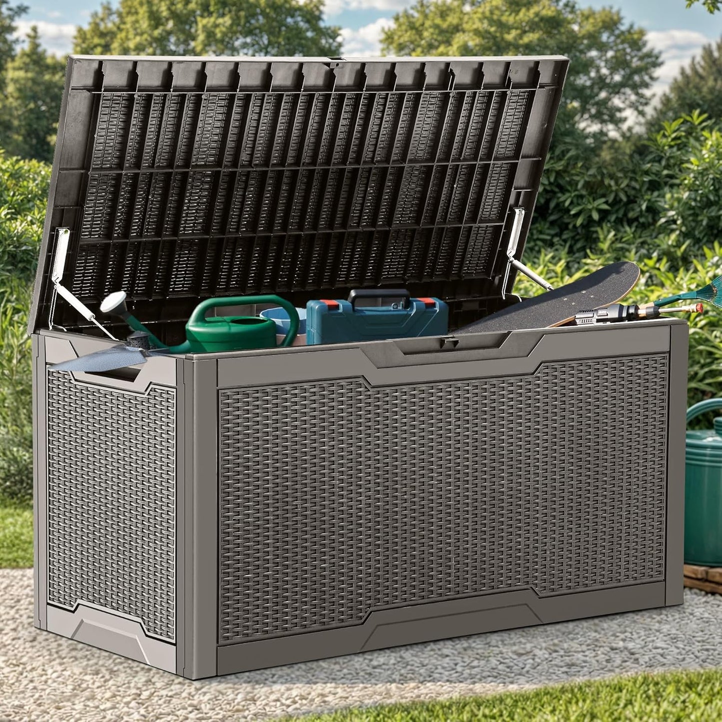 100 Gallon Resin Deck Box Weather Resistant Lockable Outdoor Storage Taupe