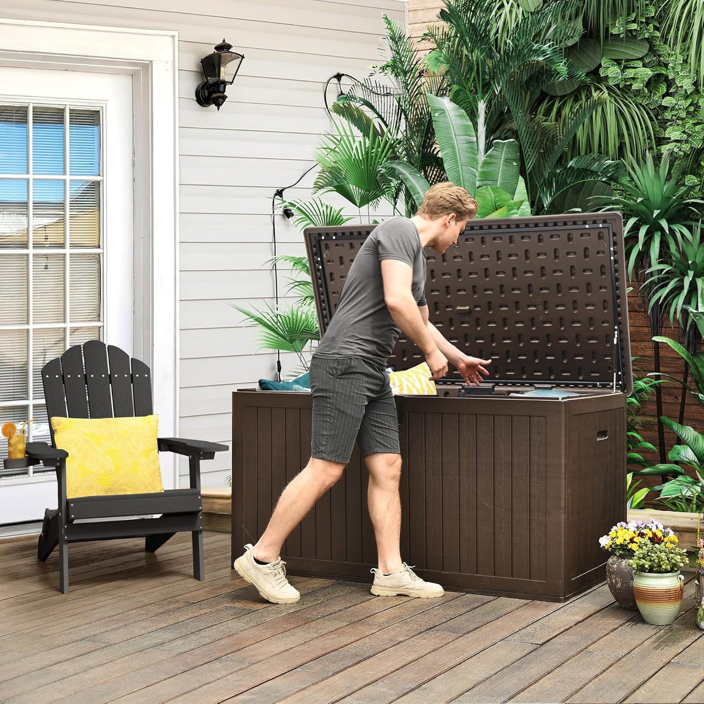 100 Gallon Resin Deck Box Weather Resistant Lockable Outdoor Storage Taupe