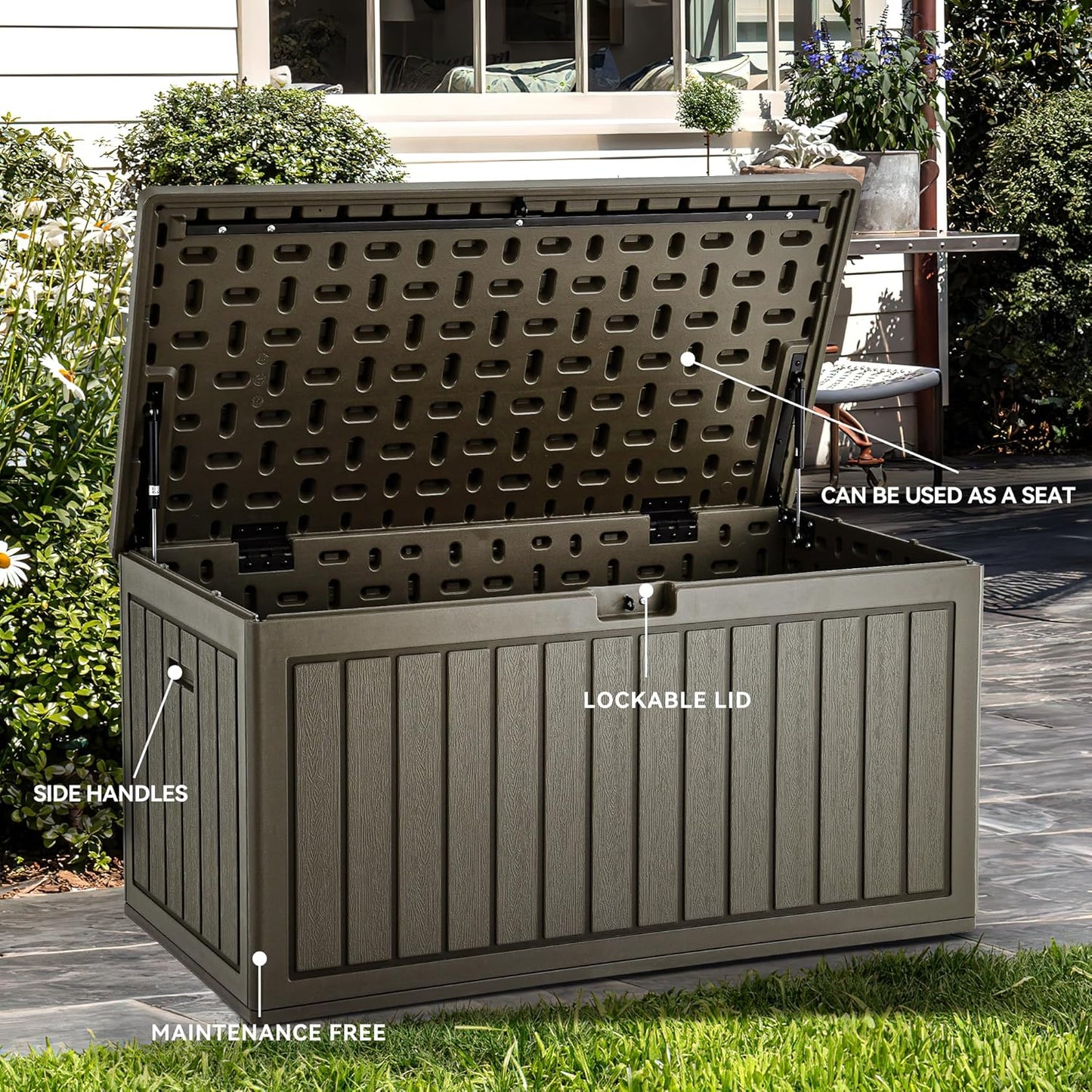 260 Gallon XXL Deck Box Outdoor Resin Lockable Water Resistant Storage Brown