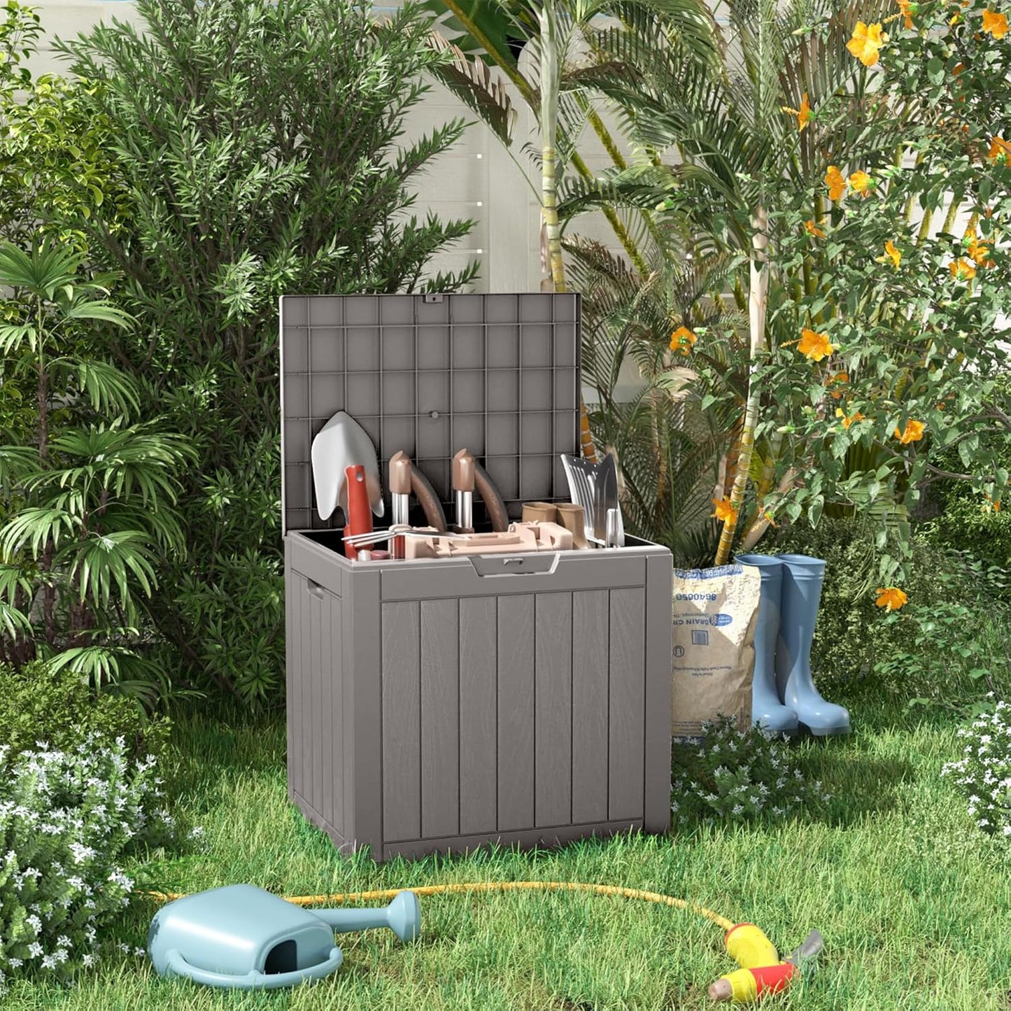 100 Gallon Resin Deck Box Lockable Waterproof Outdoor Storage Black