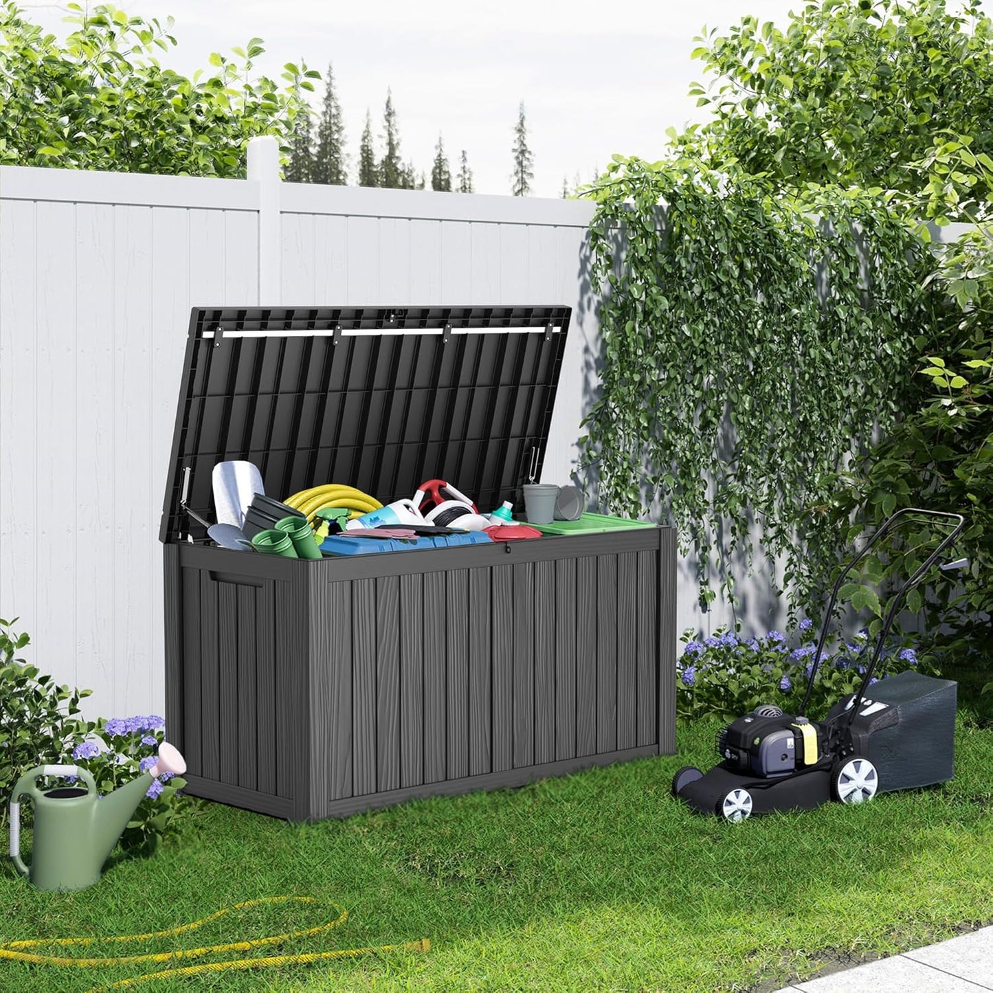 100 Gallon Resin Deck Box Lockable Waterproof Outdoor Storage Black
