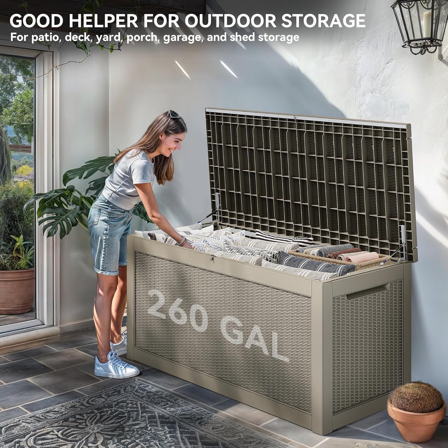 100 Gallon Resin Deck Box Weather Resistant Lockable Outdoor Storage Taupe