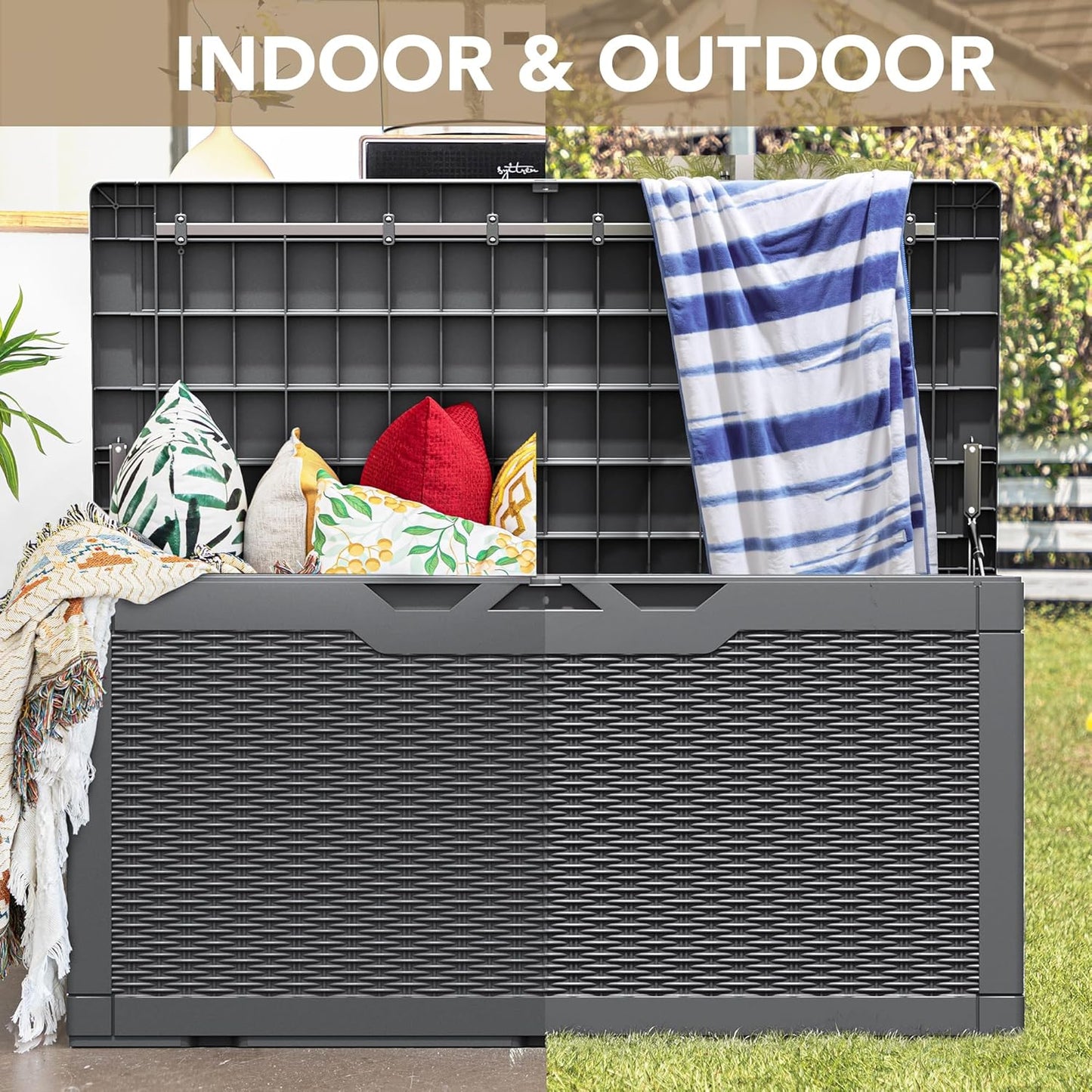 100 Gallon Large Resin Deck Box Waterproof Lockable Outdoor Storage Black