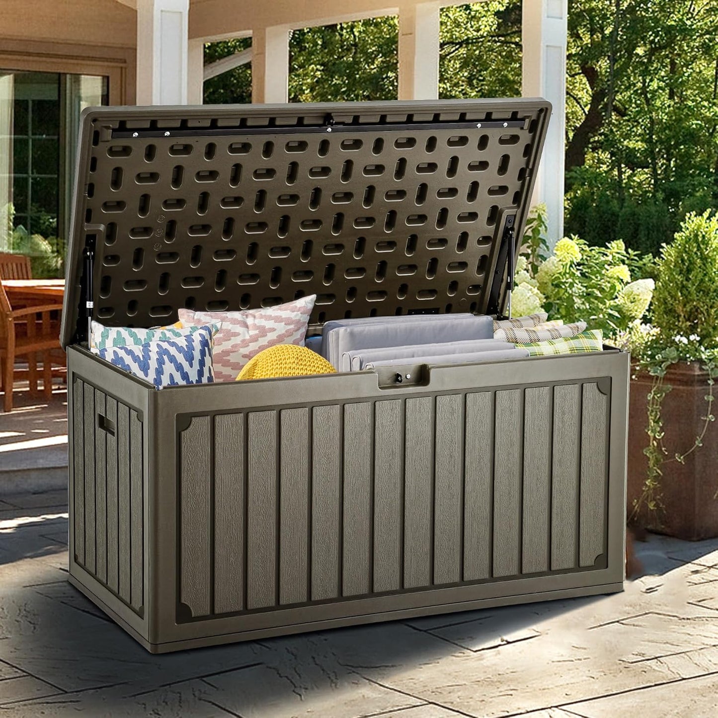100 Gallon Resin Deck Box Weather Resistant Lockable Outdoor Storage Taupe