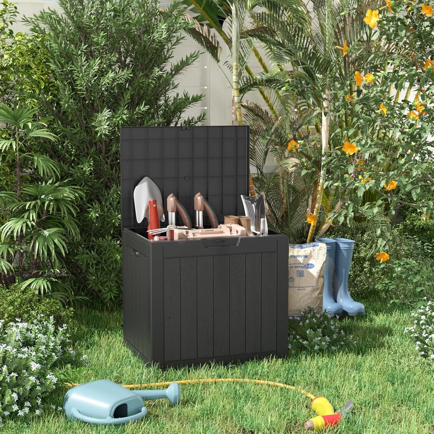 100 Gallon Resin Deck Box Lockable Waterproof Outdoor Storage Black
