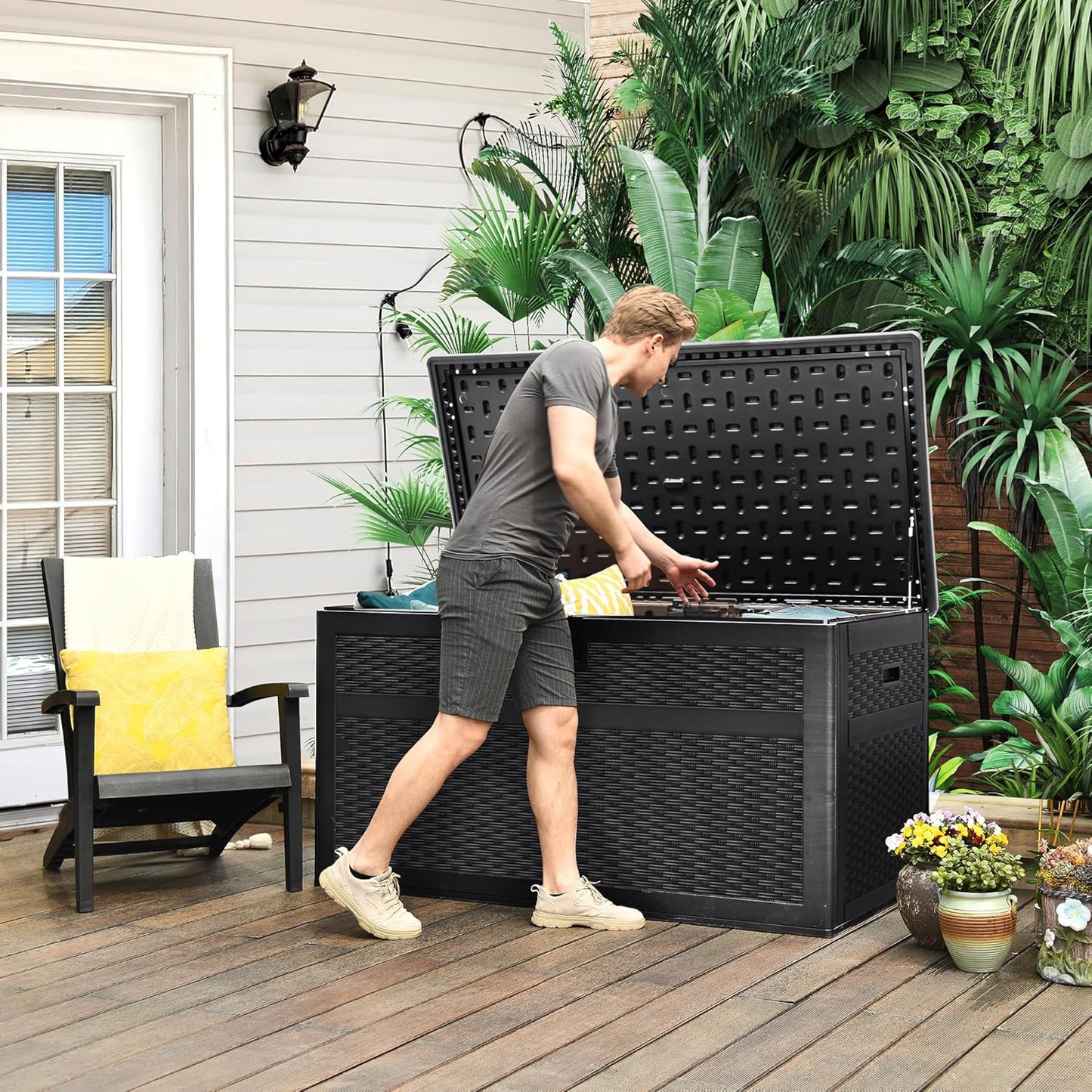 100 Gallon Resin Deck Box Weather Resistant Lockable Outdoor Storage Taupe