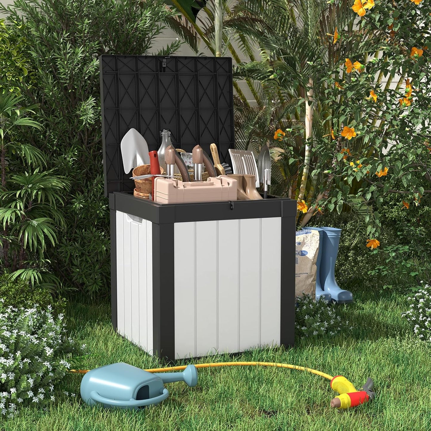 100 Gallon Resin Deck Box Lockable Waterproof Outdoor Storage Black