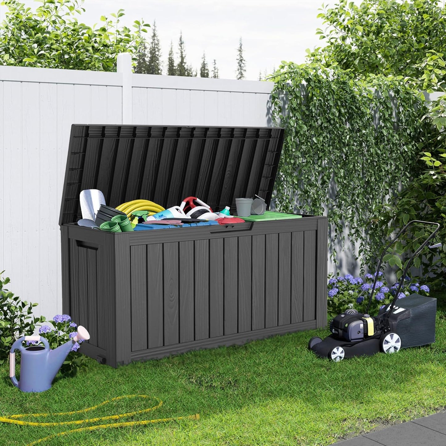 100 Gallon Resin Deck Box Lockable Waterproof Outdoor Storage Black
