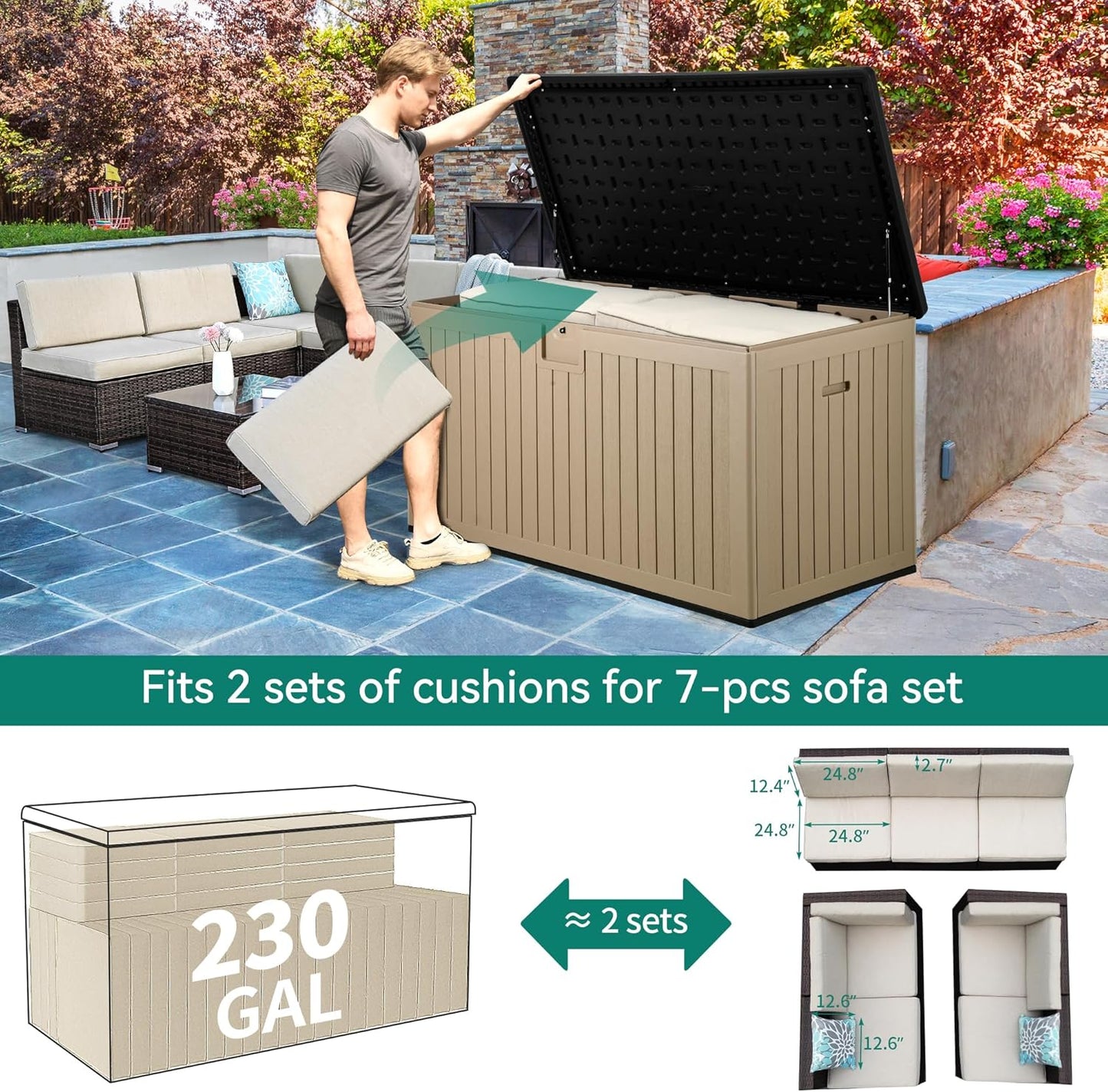 260 Gallon XXL Deck Box Outdoor Resin Lockable Water Resistant Storage Brown
