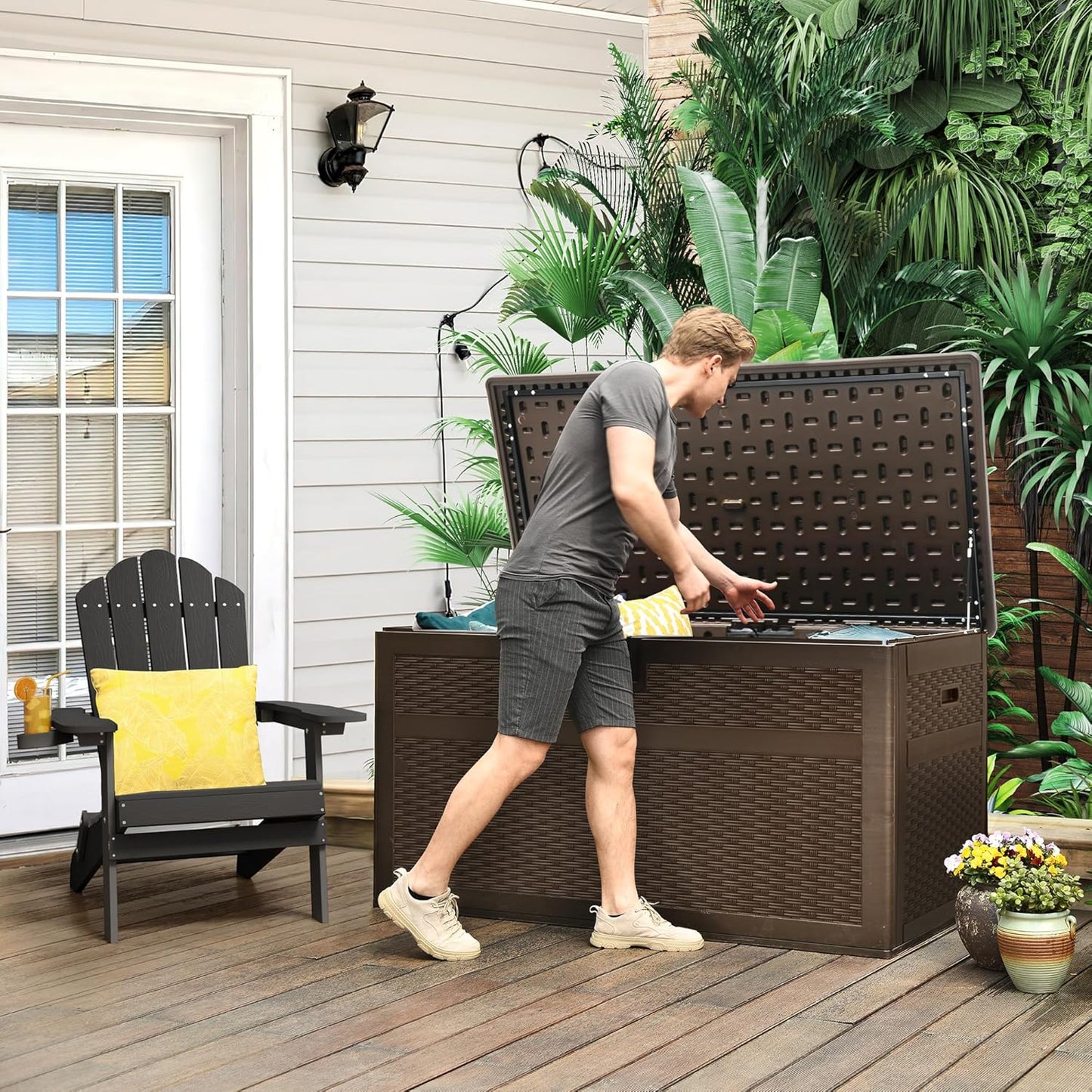 100 Gallon Resin Deck Box Weather Resistant Lockable Outdoor Storage Taupe