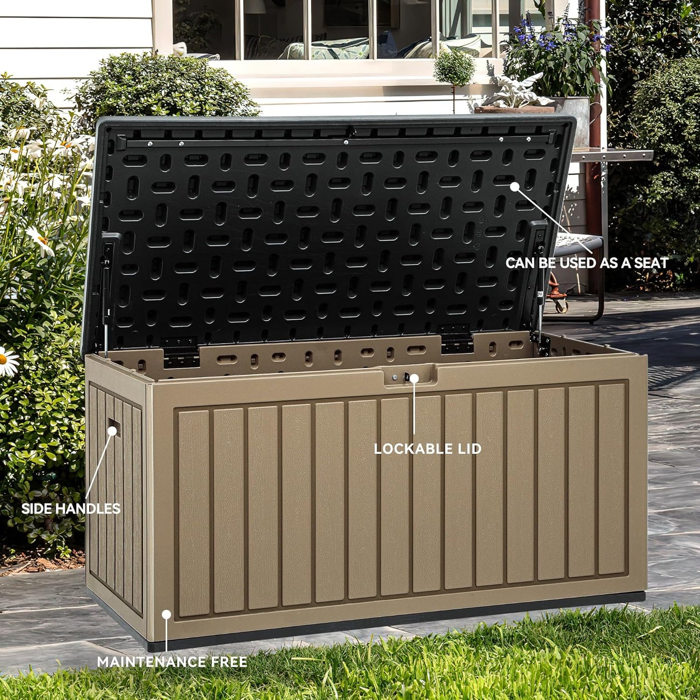 260 Gallon XXL Deck Box Outdoor Resin Lockable Water Resistant Storage Brown