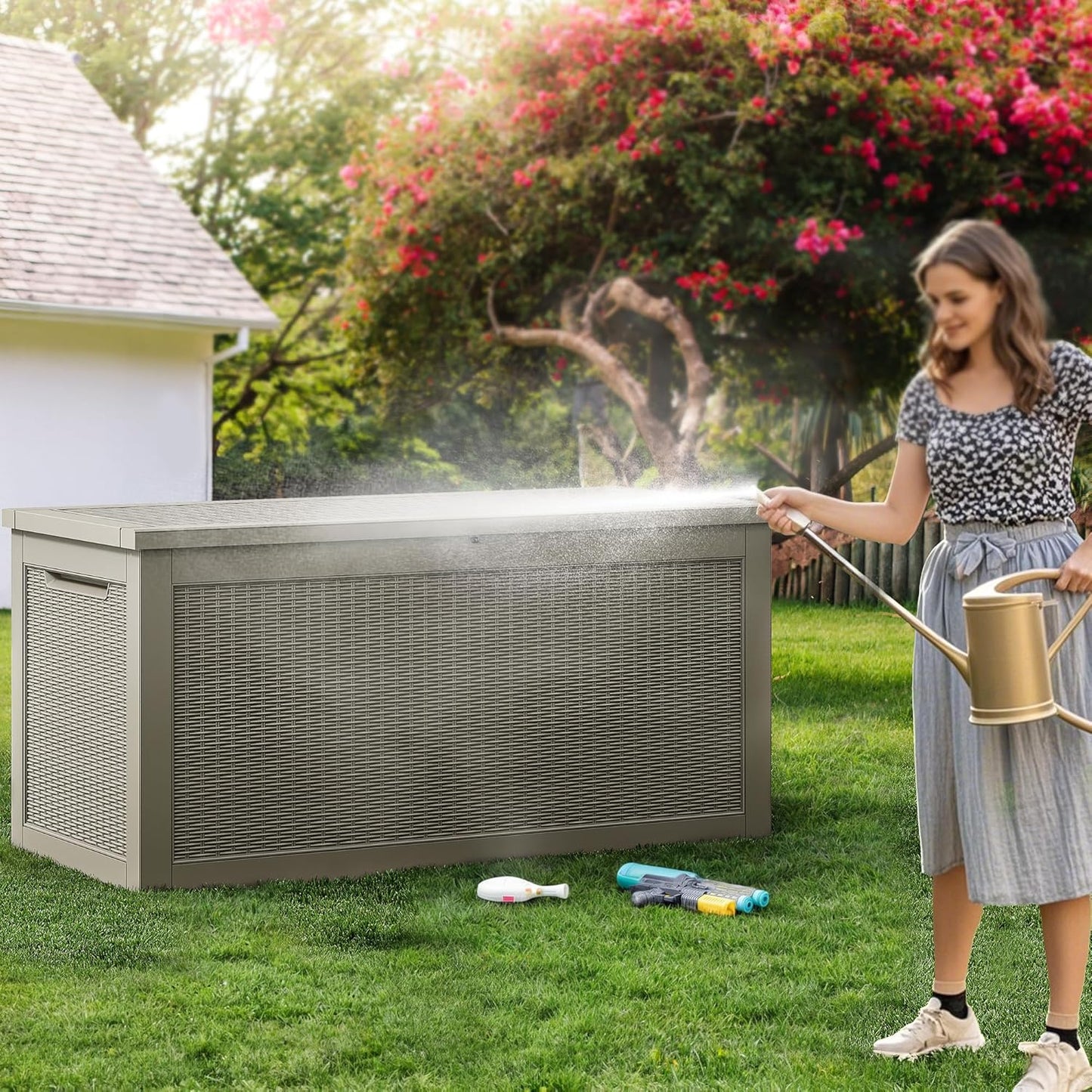 260 Gallon XXL Deck Box Outdoor Resin Lockable Water Resistant Storage Brown