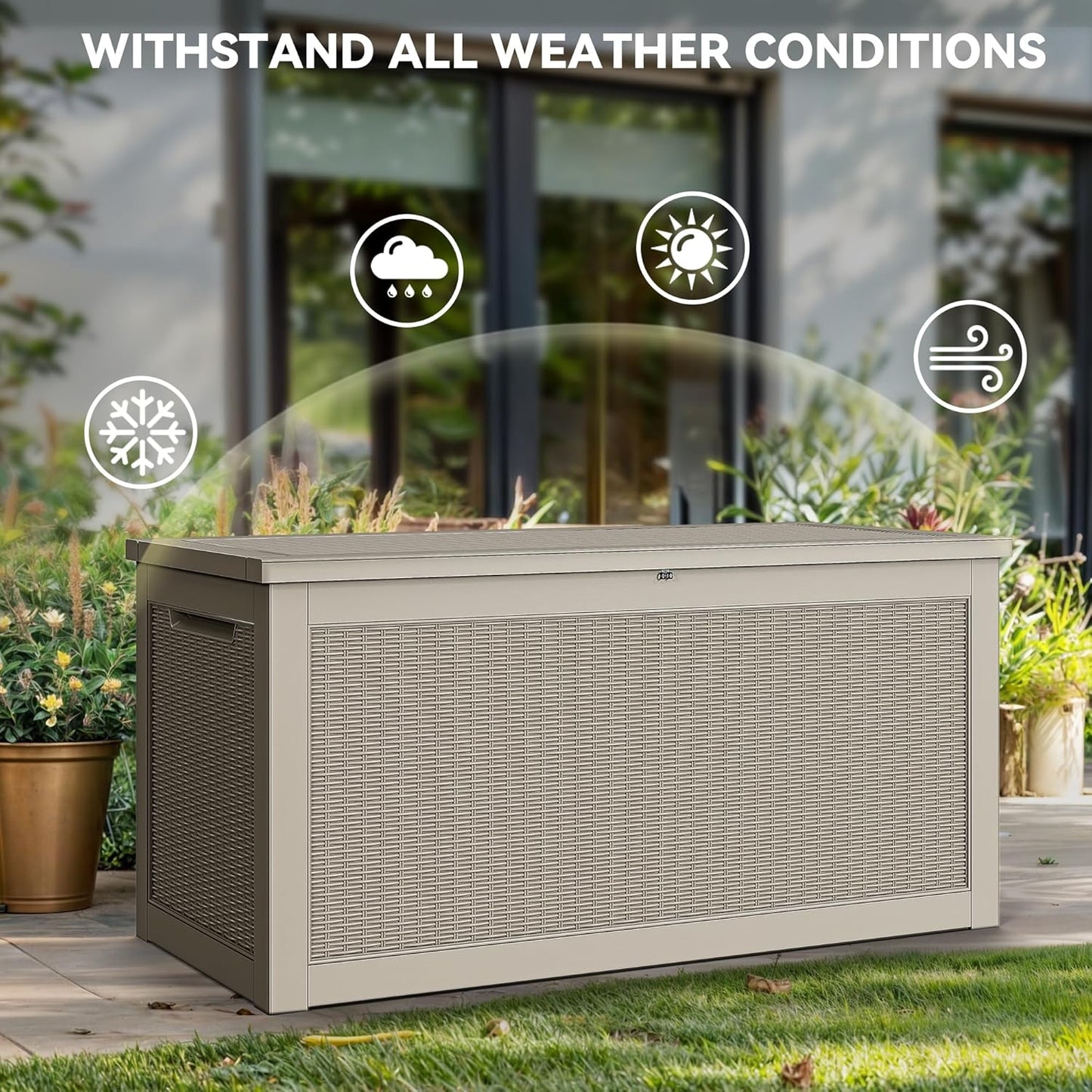 100 Gallon Resin Deck Box Weather Resistant Lockable Outdoor Storage Taupe