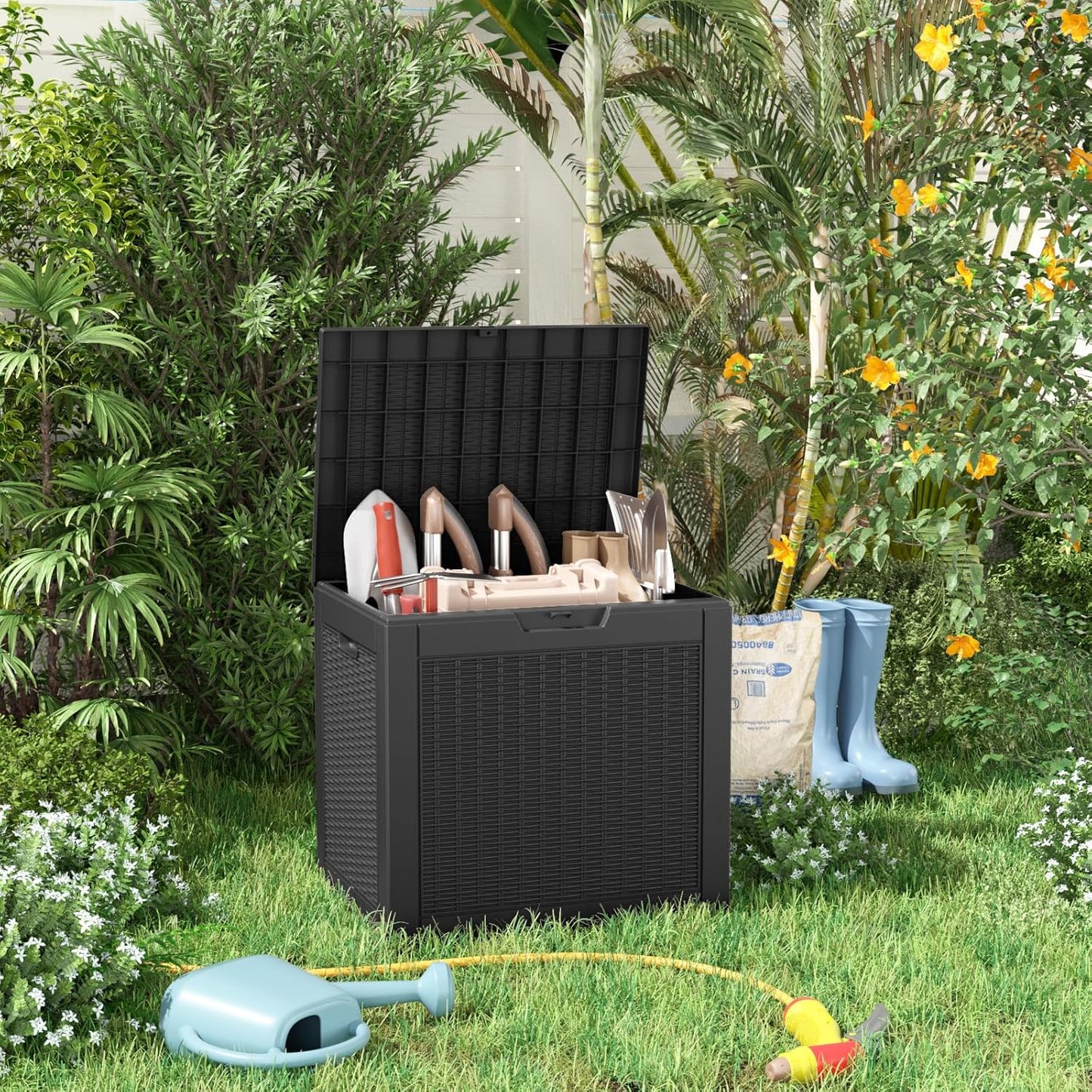 100 Gallon Resin Deck Box Lockable Waterproof Outdoor Storage Black