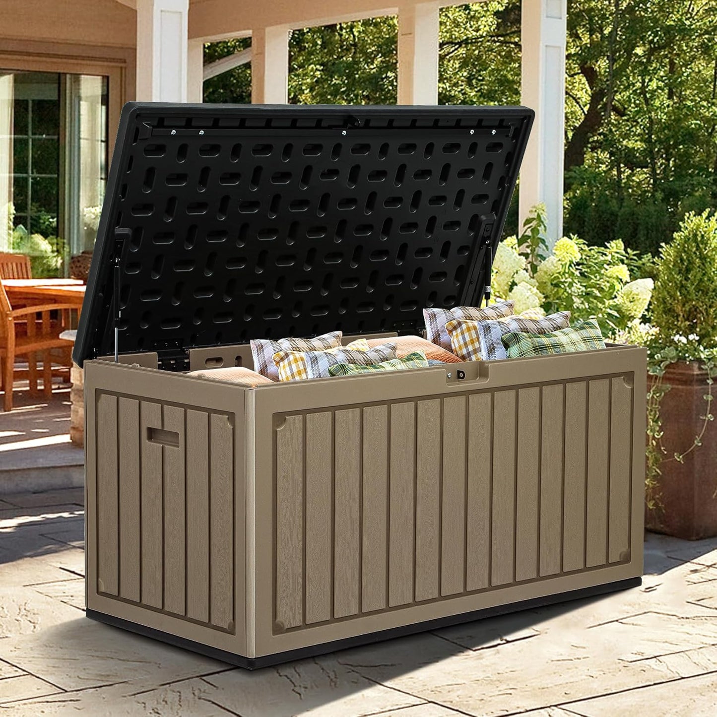 260 Gallon XXL Deck Box Outdoor Resin Lockable Water Resistant Storage Brown