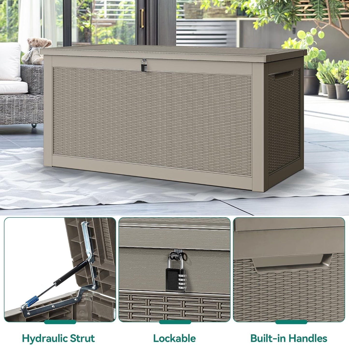 100 Gallon Resin Deck Box Weather Resistant Lockable Outdoor Storage Taupe