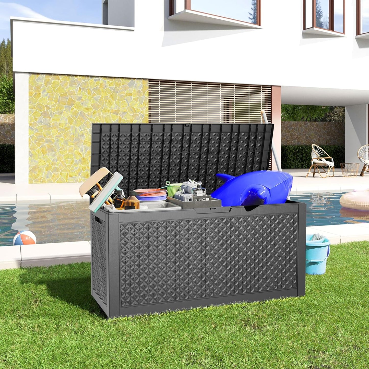 100 Gallon Resin Deck Box Lockable Waterproof Outdoor Storage Black