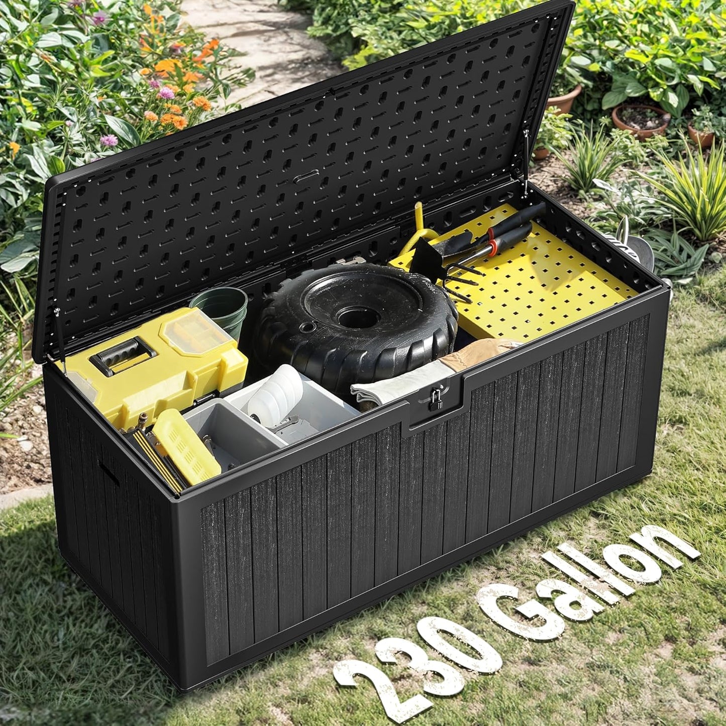 260 Gallon XXL Deck Box Outdoor Resin Lockable Water Resistant Storage Brown