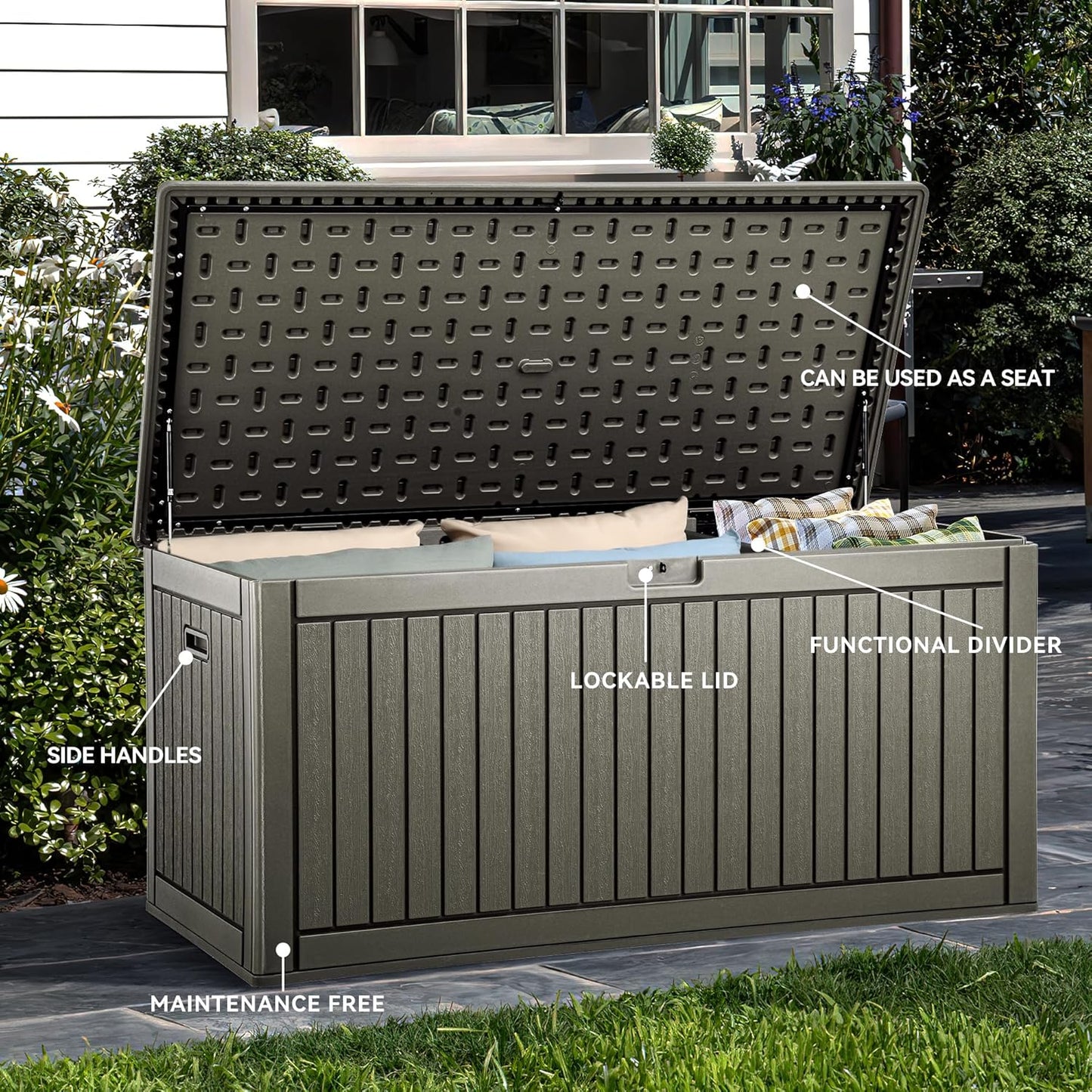 260 Gallon XXL Deck Box Outdoor Resin Lockable Water Resistant Storage Brown