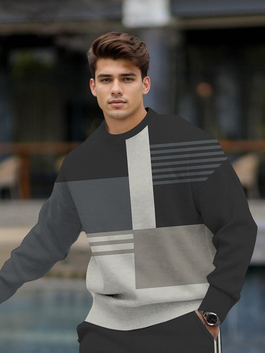 Men's Match Color Block Printed Long Sleeve Crew-Neck Sweatshirt Two-Piece Set