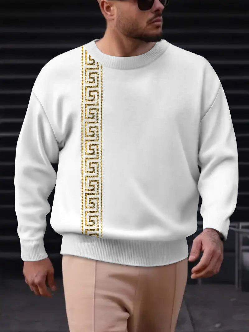 Men's Gold Strip Printed Long Sleeve Crew-Neck Sweater