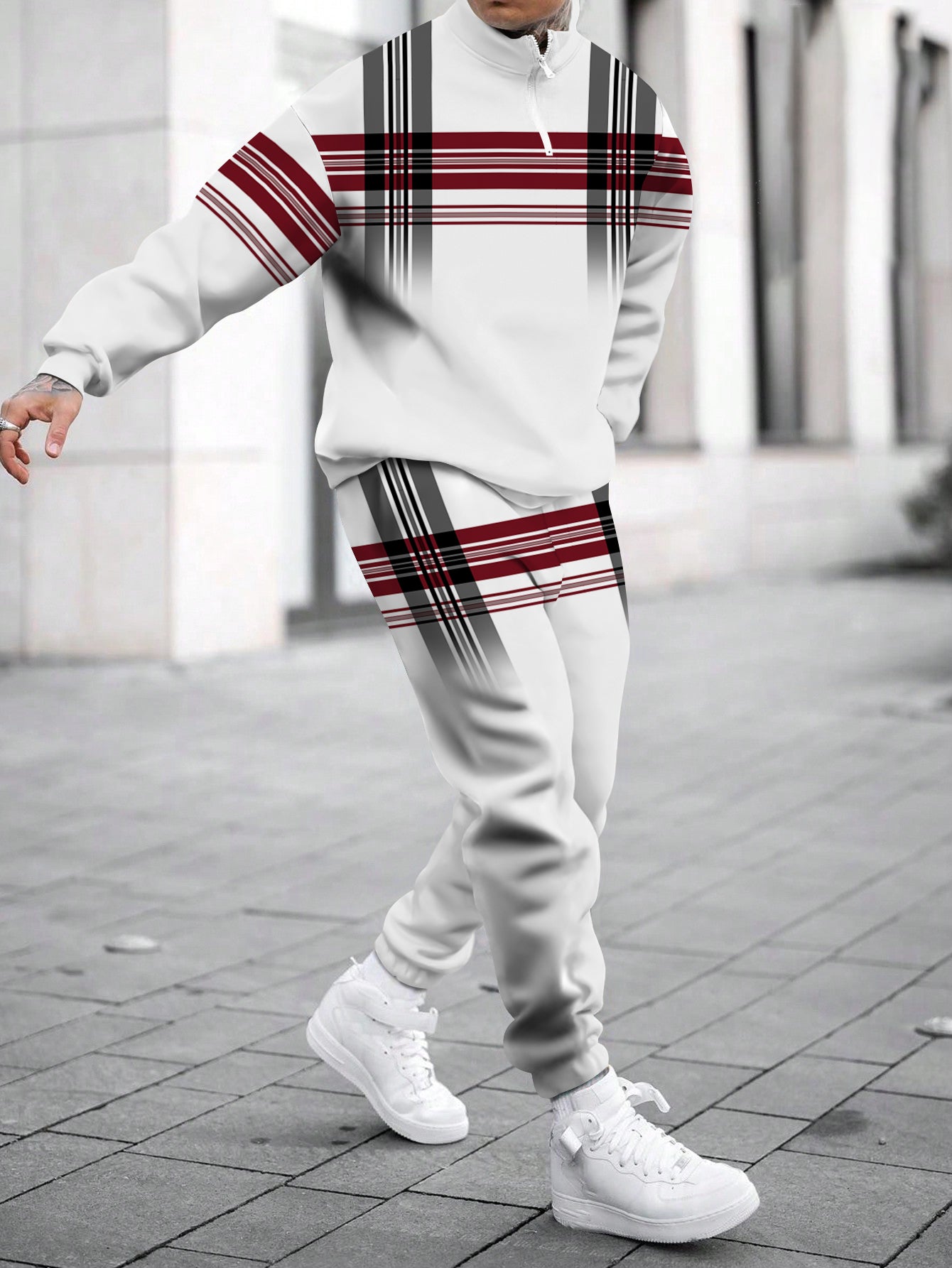 Gradation Strip Printed Long Sleeve Stand Collar Sweatshirt Two-Piece Set for Man