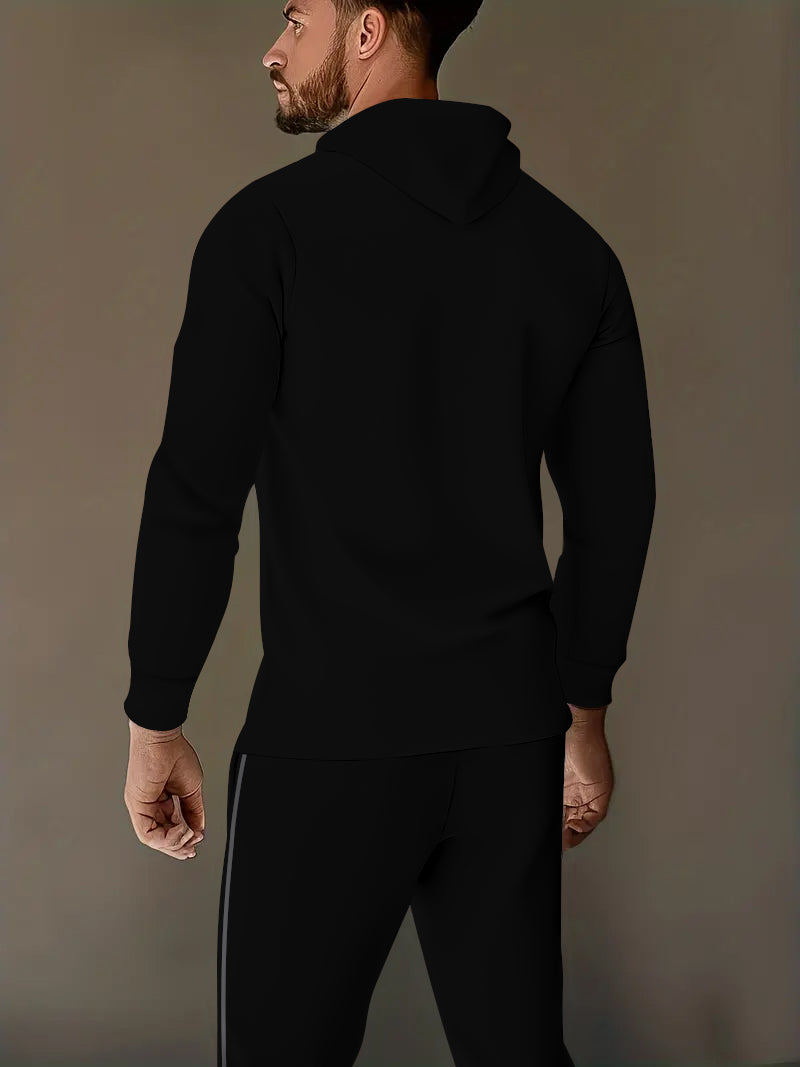 Balck White Strip Printed Long Sleeve V-neck Collar Hoodie Set for Men